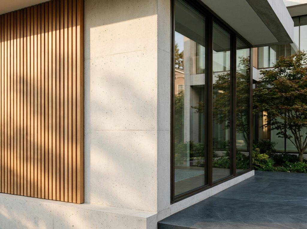 Architectural craftsmanship featuring contemporary wood paneling and precision finishes